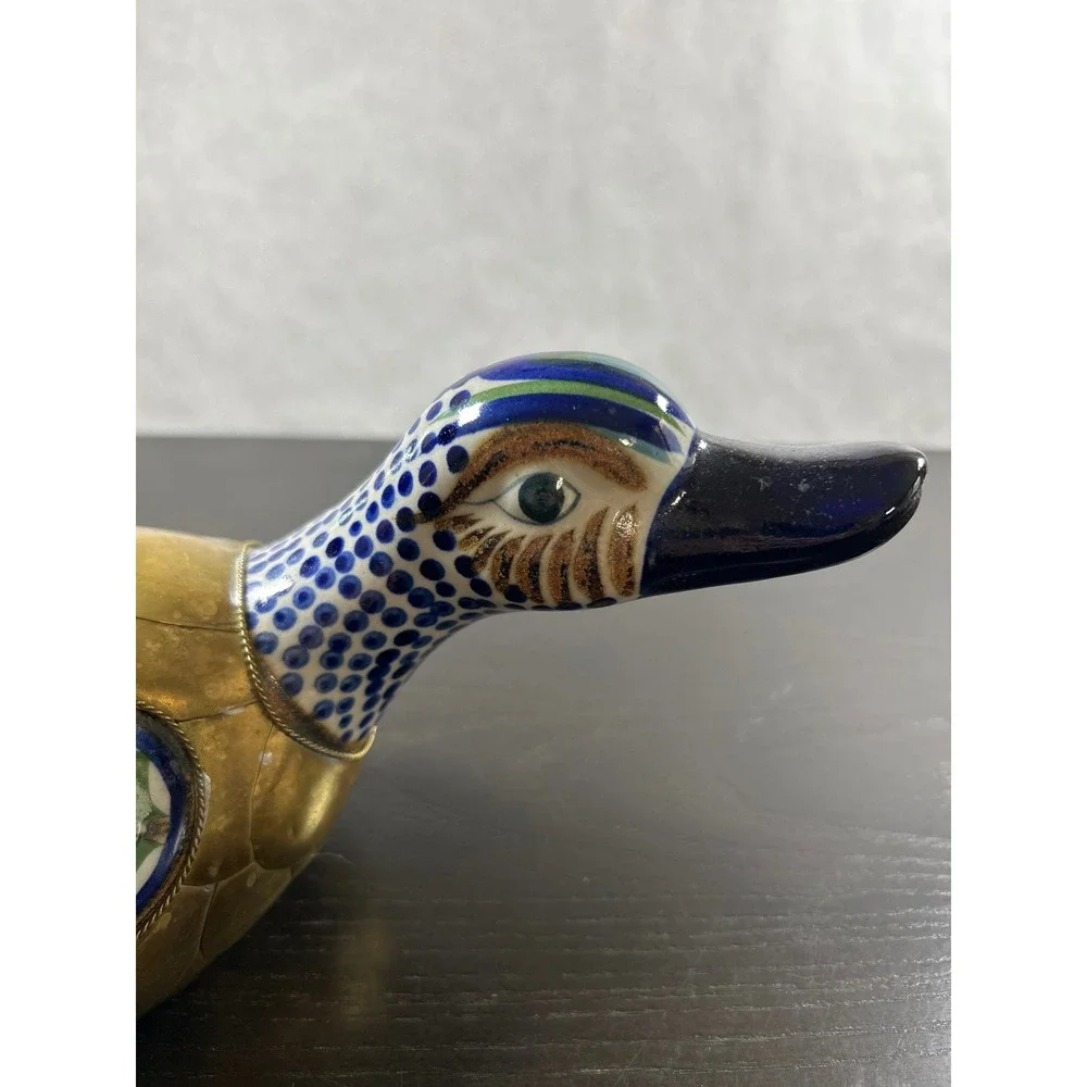 Vintage Tonala Mexico Brass and Pottery Duck Figurine El Palomar Style Folk Art - Picture 3 of 9